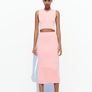 Zara Ribbed Knit Crop Top and Ribbed Knit Midi Skirt  in Pink